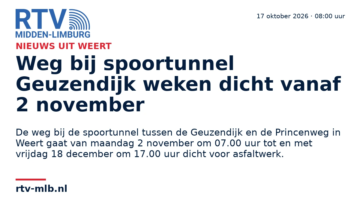 Weg bij spoortunnel Geuzendijk weken dicht vanaf 2 november — RTV Midden-Limburg