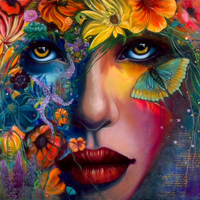 Kleurrijk portret met bloemen en een vlinder, aangeleverd bij de uitnodiging van Art NeerBy