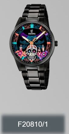 Festina F20810/1 met donkere band en kleurrijke wijzerplaat met schedelmotief