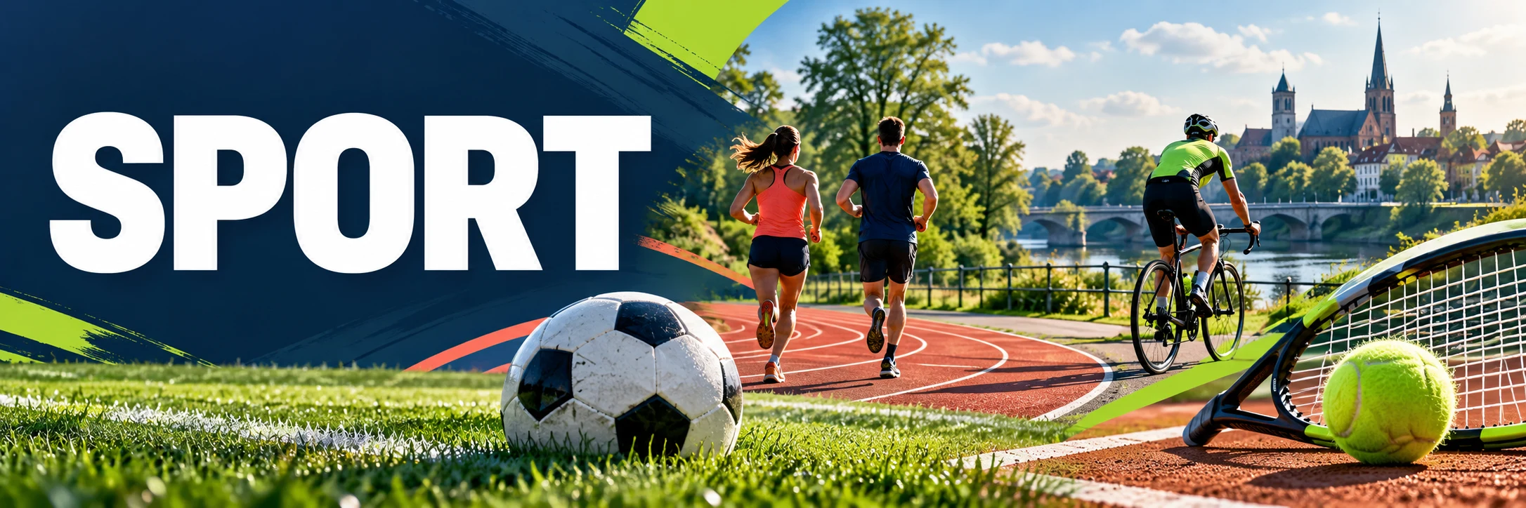 Sportillustratie met voetbal, hardlopen, wielrennen en tennis in een groen rivierlandschap